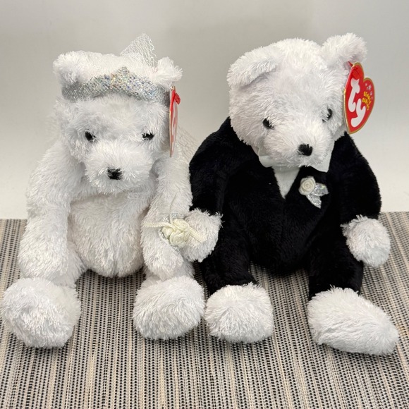 Ty Other - Ty Beanie Babies Bride and Groom Wedding Bear Set White Black Plush NWT 2002